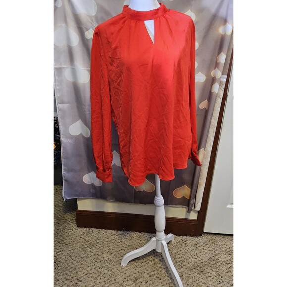 NWT Size Large Allegra K Red Stand Collar Pleated Button Keyhole Blouse - Picture 11 of 12